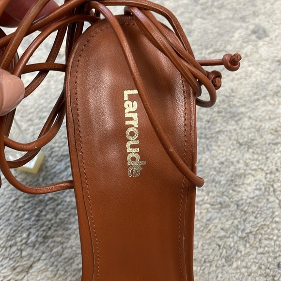 Larroude Gloria Sandal In Caramel Leather and Vinyl Ankle Wrap Clear Heel 7 - Picture 7 of 16